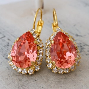 Coral earrings,Rose Peach earrings,Coral drop earrings,Bridal earrings,Bridesmaids gift,Crystal teardrop earrings,Coral Dangle earrings