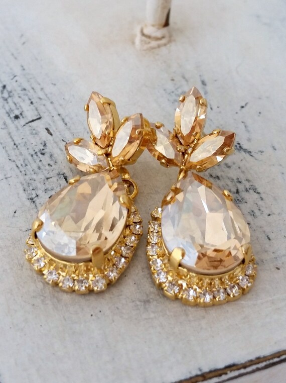 Champagne crystal Chandelier earrings Drop earrings Bridal earring Dangle earring Weddings jewelry halo Crystal earrings gold silver