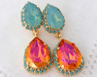 Coral mint earrings,Orange mint earrings,Orange pink Pacific opal  Chandelier earrings,Coral Dangle earring,Bridal earrings,bridesmaids gift