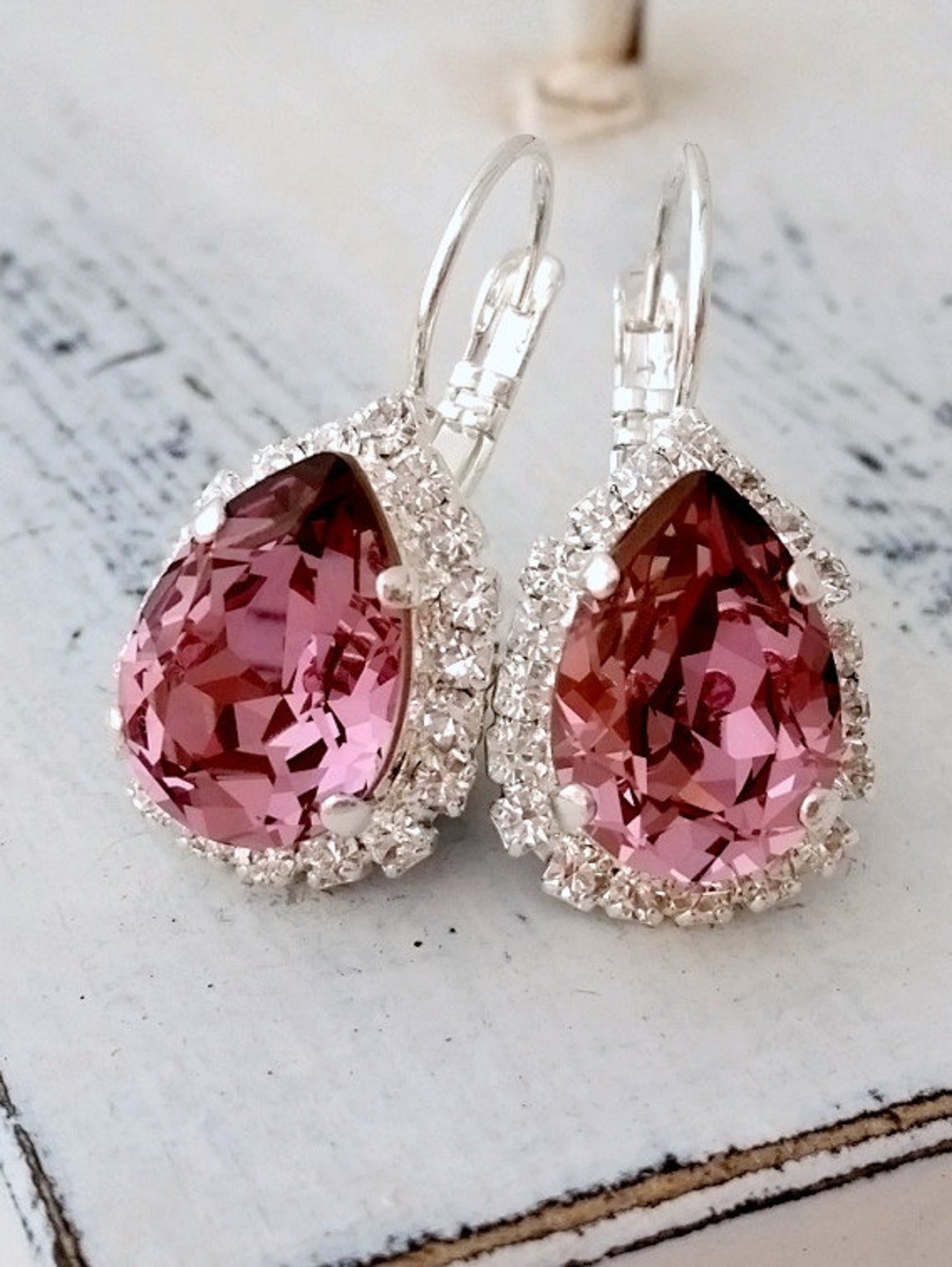 Antique Pink Drop Earrings, Drop Earring, Crystal Teardrop Halo Earring ...