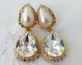 Clear crystal and pearl Chandelier earrings, Bridal earrings, Rhinestone Dangle earrings, Drop earrings, Estate style, Bridesmaids earrings