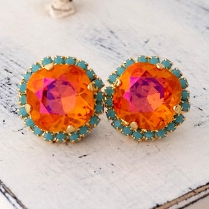 Orange Pink Stud earrings,coral studs,Turquoise and orange rhinestone stud earrings, Bridesmaids jewelry,Crystal Crystal large stud earrings