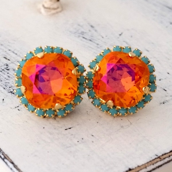 Orange Pink Stud earrings,coral studs,Turquoise and orange rhinestone stud earrings, Bridesmaids jewelry,Crystal Crystal large stud earrings