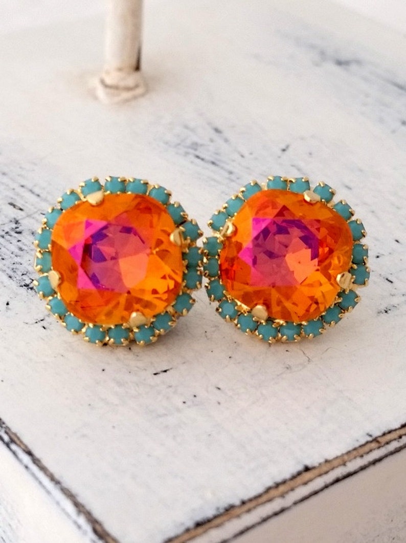 Orange Pink Stud Earrings Turquoise and Orange Rhinestone Etsy