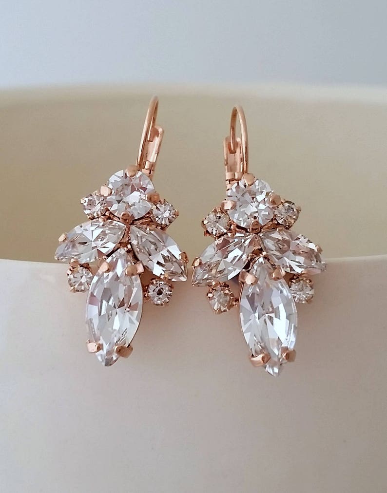 Bridal earrings drop,Rose gold earrings,Clear crystal earrings,Crystal drop earrings,Bridesmaid gift,Petite earrings,Vintage Bridal earrings image 1