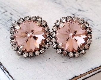 Blush earrings,Blush pink stud earrings,Oxidized silver,Crystal crystal earrings,Blush bridesmaids earrings,Blush bridal earrings