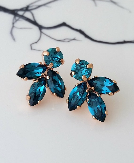 Teal Earrings teal Blue Earrings bridal Earrings rose Gold Earrings blue Stud Earrings bridesmaid Gift petite Earrings cluster Earring Etsy