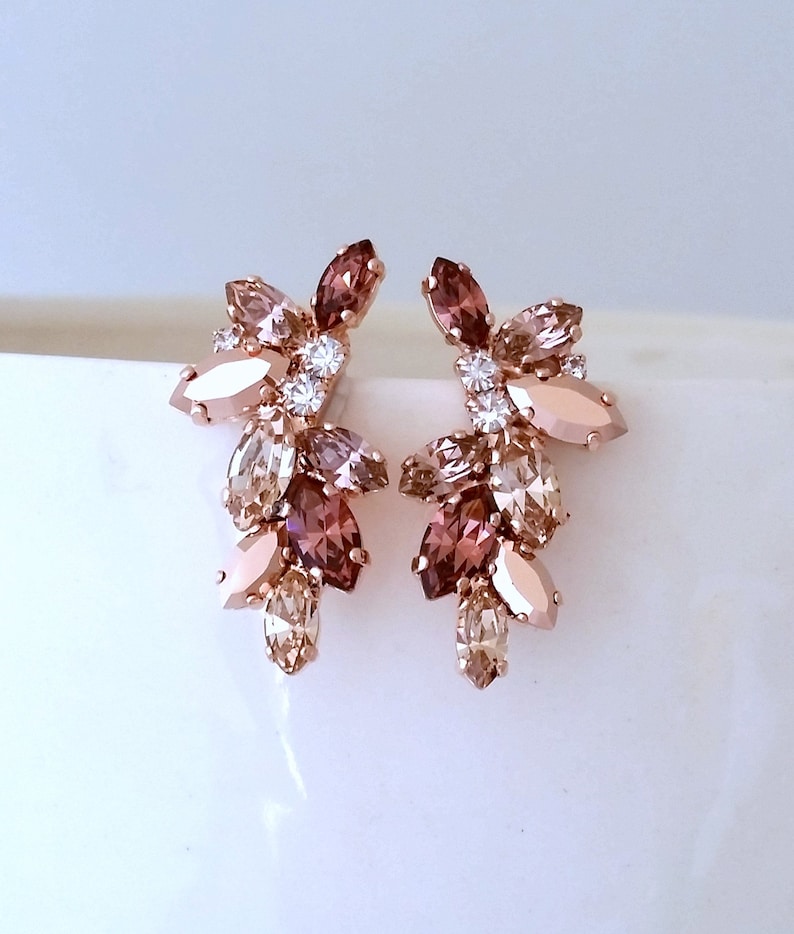 Blush earrings,Blush champagne Bridal earrings stud,Blush cluster earrings,Bridesmaids earrings,blush Wedding jewelry,Crystal earrings zdjęcie 3