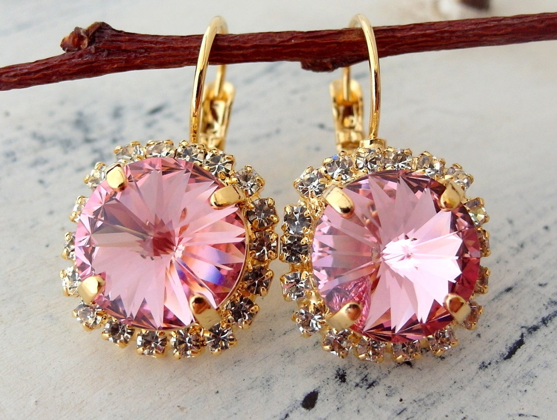 Pink Crystal Drop Earrings Soft Pink Crystal Earrings Bridal Etsy