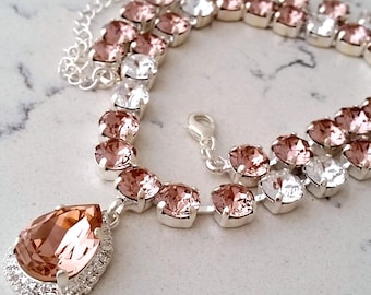 Blush and clear  crystal necklace, Choker Bridal necklace, Statement necklace, Bridesmaid gift Tennis necklace,Wedding jewelry