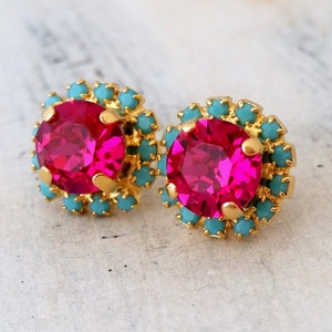 Fuchsia and turquoise earrings,Crystal earrings,fuchsia earrings,gold fuchsia turquoise stud earrings,turquoise earrings,pink turquoise