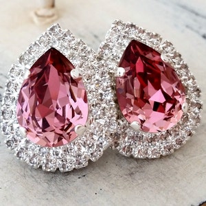 Antique Pink extra large teardop Crystal stud earrings, Bridal earrings, Estate earrings, antique pink stud earrings, Bridesmaid gifts