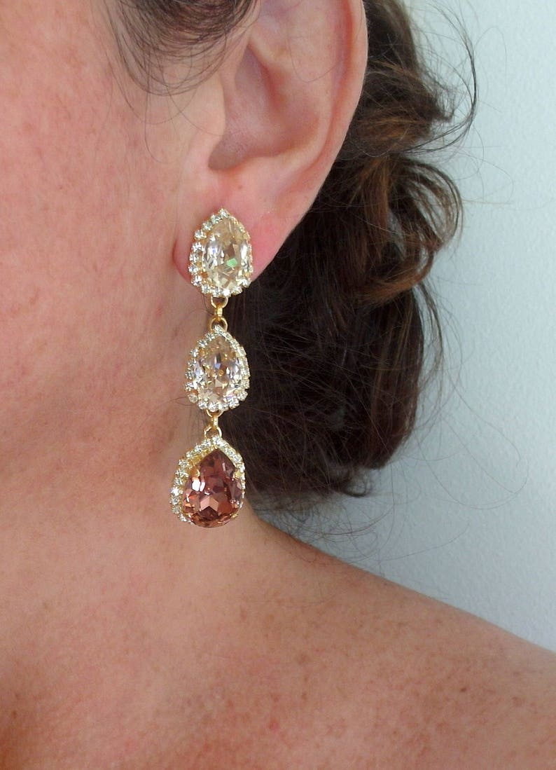 Bridal earrings,Long chandelier earrings,blush earrings,Morganite earring,Gold earring,bridesmaid gift,Crystal earrings imagen 5