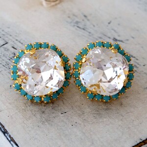 Crystal clear and turquoise crystal stud earrings, Gold earrings, Bridesmaid earrings, bridesmaids gift, Bridal earrings, Crystal studs
