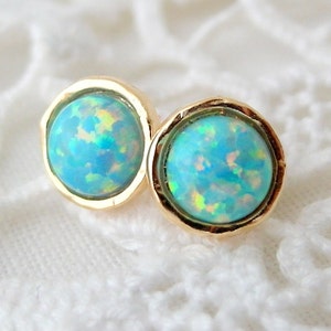 Opal earrings, Mint Opal stud earrings, Seafoam mint Opal studs, Opal studs, Gold or silver stud earrings,October birthstone,Bridesmids gift image 1