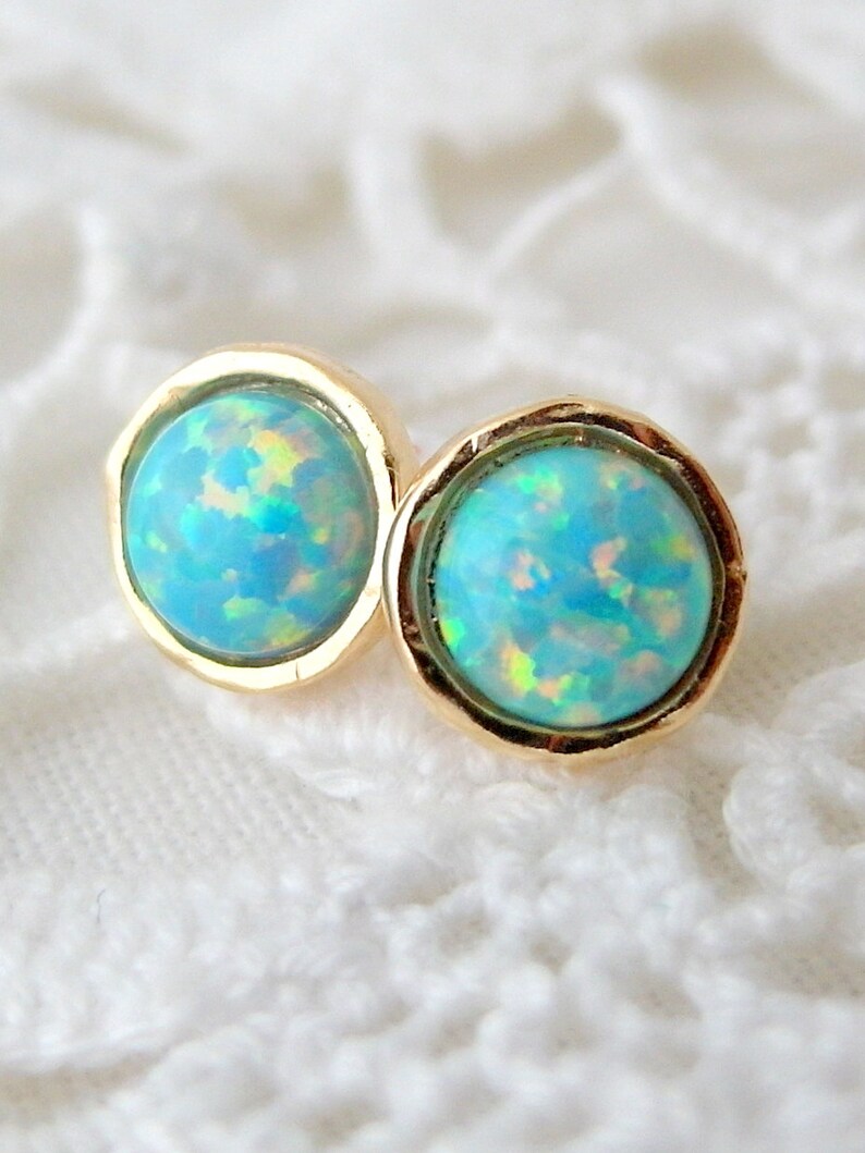 Opal earrings, Mint Opal stud earrings, Seafoam mint Opal studs, Opal studs, Gold or silver stud earrings,October birthstone,Bridesmids gift image 1