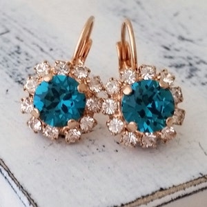 Teal crystal earrings, Teal blue crystal drop earrings, Teal and rose gold crystal drop earrings,Blue bridesmaid earrings, rose gold image 2