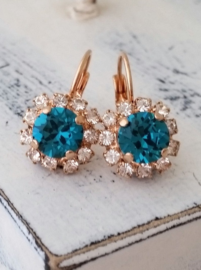 Teal crystal earrings, Teal blue crystal drop earrings, Teal and rose gold crystal drop earrings,Blue bridesmaid earrings, rose gold image 2