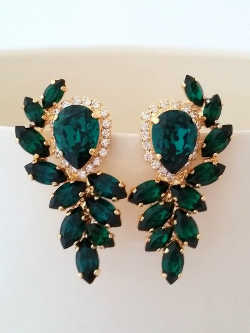 Emerald earrings,bridal earrings, Emerald bridal earrings,Vintage earrings,Large earring,cluster earrings,Crystal earring,crystal earrring image 3