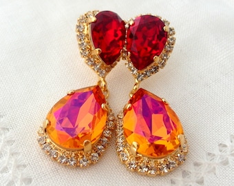 Orange pink and deep red Crystal Chandelier earrings, Bridal earrings, Dangle earrings, Orange Red, Drop earrings, Wedding jewelry, gift