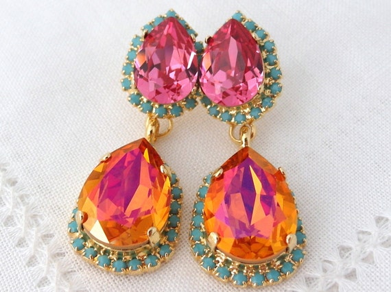 Pink Orange Earrings Pink Earrings Orange Earrings pink Chandelier Earrings Orange Chandelier Earrings bridal Earrings Bridesmaids Gift Etsy