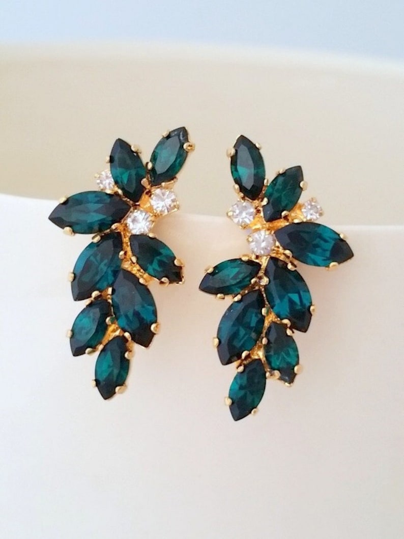 Emerald earrings,Emerald bridal earrings,Statement earrings,Large earrings,Cluster earring,Crystal earring,crystal earring,Bridesmaids image 1