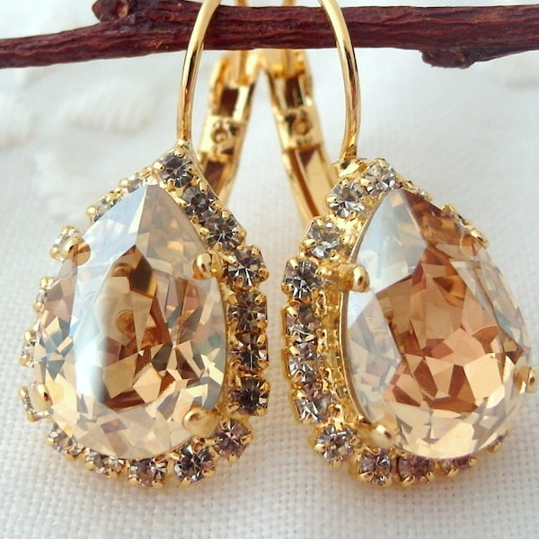 Champagne earrings,champagne bridal earrings,Champagne Bridesmaids jewelry,Crystal crystal teardrop earrings, Gold earring,Dangle earring