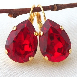Red Ruby Drop Earrings, Gold Red Crystal Earrings, Red Teardrop Earrings, Crystal Teardrop Earrings, Red Bridesmaid Earrings, Red Jewelry