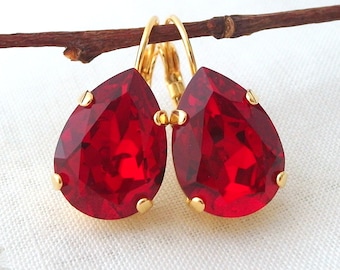 Red Ruby Drop Earrings, Gold Red Crystal Earrings, Red Teardrop Earrings, Crystal Teardrop Earrings, Red Bridesmaid Earrings, Red Jewelry