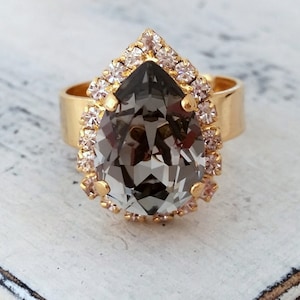 Smokey grey adjustable gemstone ring, Gray diamond rhinestone  crystal teardrop ring, Cocktail ring, statement ring, 14K Gold plate