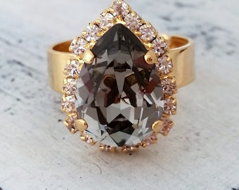 Smokey grey adjustable gemstone ring, Gray diamond rhinestone  crystal teardrop ring, Cocktail ring, statement ring, 14K Gold plate