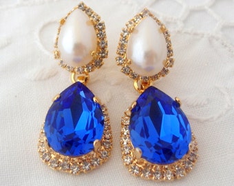 Blue Sapphire and white pearl Chandelier earrings, Bridal earrings, bridesmaids gift,Gold tone earrings, Dangle earrings, Rhinestone earring