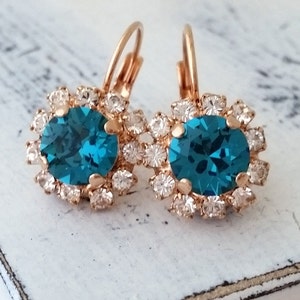 Teal crystal earrings, Teal blue crystal drop earrings, Teal and rose gold crystal drop earrings,Blue bridesmaid earrings, rose gold image 1