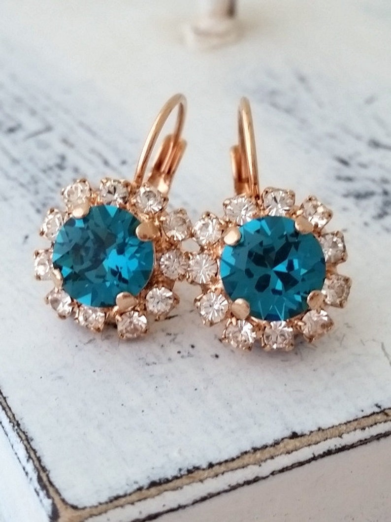 Teal crystal earrings, Teal blue crystal drop earrings, Teal and rose gold crystal drop earrings,Blue bridesmaid earrings, rose gold image 1