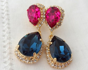 Navy blue and ruby pink fuchsia Chandelier earrings, Drop earrings, Dangle earrings, Bridal earrings, Swarovski earrings, Gold or silver