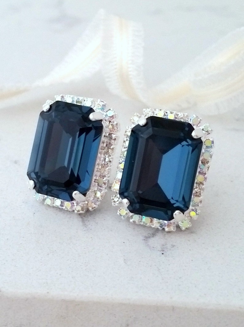 Sapphire earrings,Navy blue deals earrings,Navy blue studs,Bridal earrings,Blue crystal studs,Bridesmaids gift,Crystal rectangle stud earring