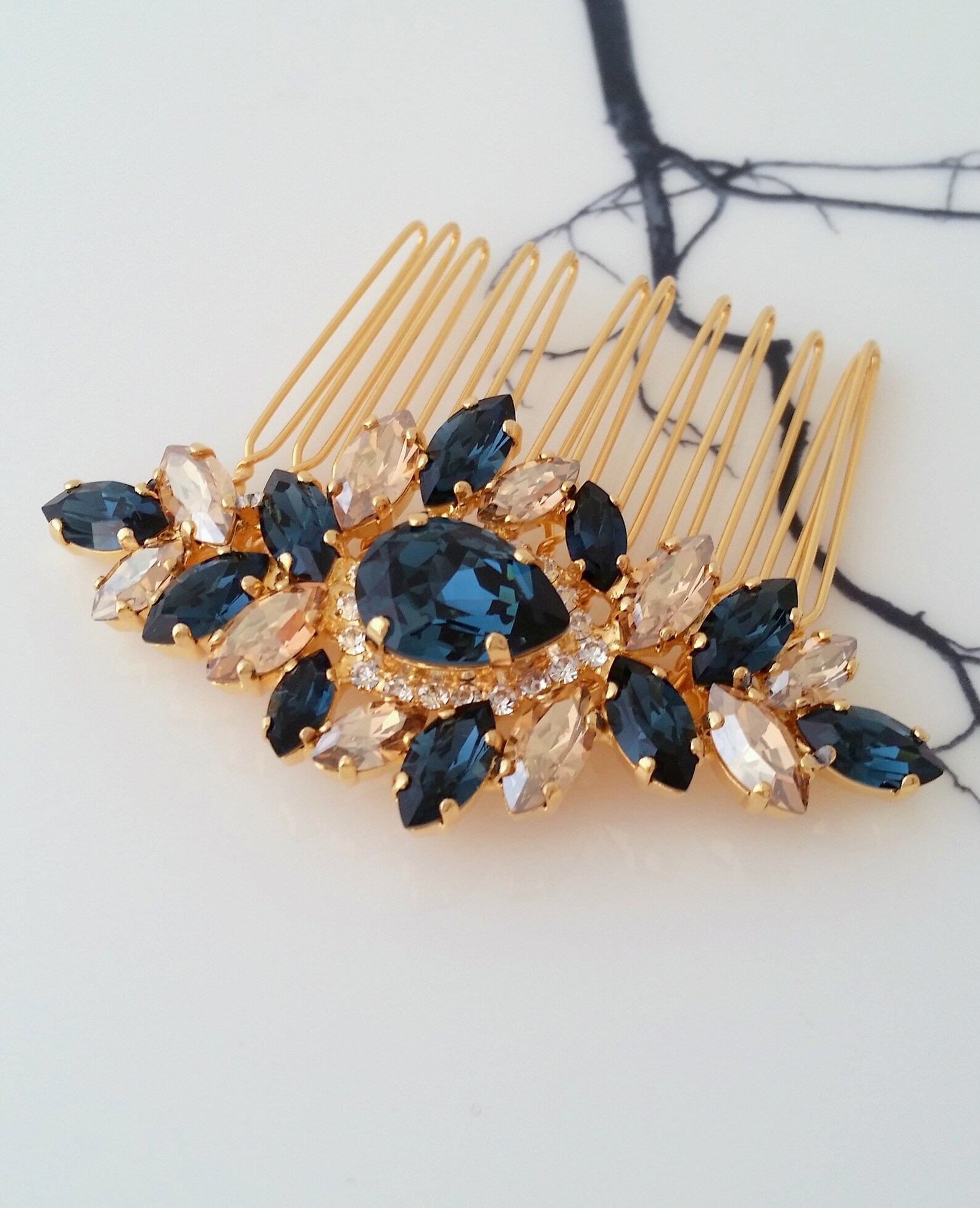 Sapphire Hair Combwedding Hair Accessorynavy Blue Champagne Etsy