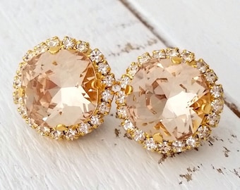 Peach earrings,Peach stud earrings,Peach bridal earrings,Peach bridesmaid earrings,Crystal earring,Wedding jewelry,Peach wedding