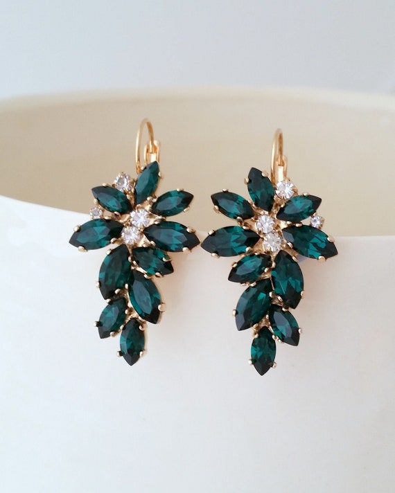 Emerald earrings Emerald bridal earrings drop Emerald drop earrings Emerald vintage earrings Cluster earrings Crystal Bridesmaids earrings Etsy France