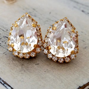 Clear white Crystal Crystal teardrop stud earrings, Bridal earrings, Bridesmaids earrings, Stud earrings, Gold or silver, Vintage earrings image 1