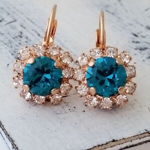 Teal crystal earrings, Teal blue crystal drop earrings, Teal and rose gold crystal drop earrings,Blue bridesmaid earrings, rose gold image 3