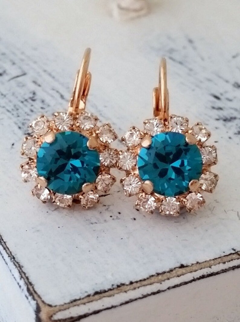 Teal crystal earrings, Teal blue crystal drop earrings, Teal and rose gold crystal drop earrings,Blue bridesmaid earrings, rose gold image 3