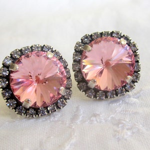 Pink earrings,pink studs earrings,Crystal crystal earrings,pink bridesmaids earrings, Oxidized silver earrings, pink bridal earrings image 1