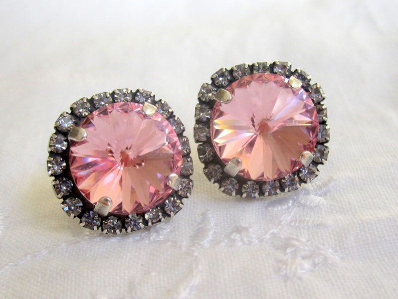 Pink earrings,pink studs earrings,Crystal crystal earrings,pink bridesmaids earrings, Oxidized silver earrings, pink bridal earrings image 1