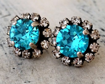 Teal turquoise crystal stud earrings, Aqua blue earrings, Bridesmaid gift, weddings, Bridal earrings, halo earrings,oxidized silver earrings
