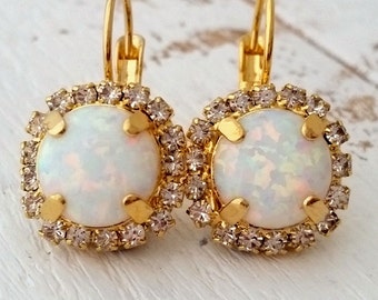 Opal earrings, White Opal drop earrings, Crystal earrings, Bridesmaid gift, dangle earring, Bridal earrings, Crystal earrings gold earring