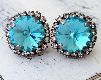 Turquoise earrings,Crystal stud earrings,oxidized silver stud earrings,teal blue earrings,Turquoise bridesmaid earrings,Turquoise bridal
