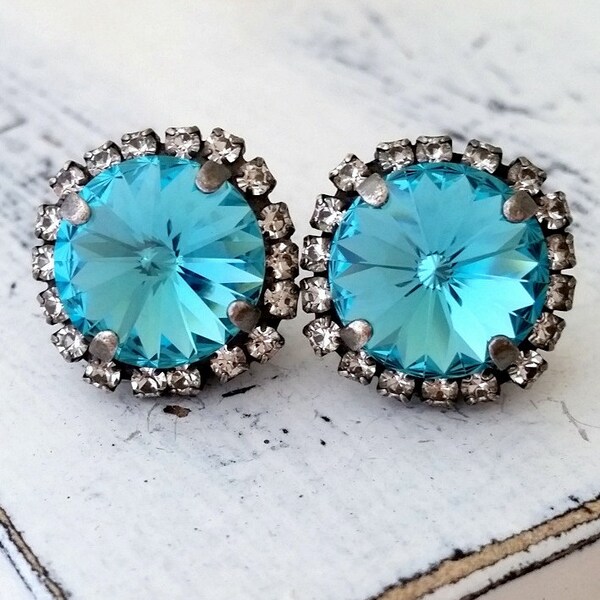 Turquoise earrings,Crystal stud earrings,oxidized silver stud earrings,teal blue earrings,Turquoise bridesmaid earrings,Turquoise bridal