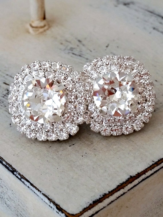 Clear Crystal Earrings silver Bridal Earrings large Stud Earrings