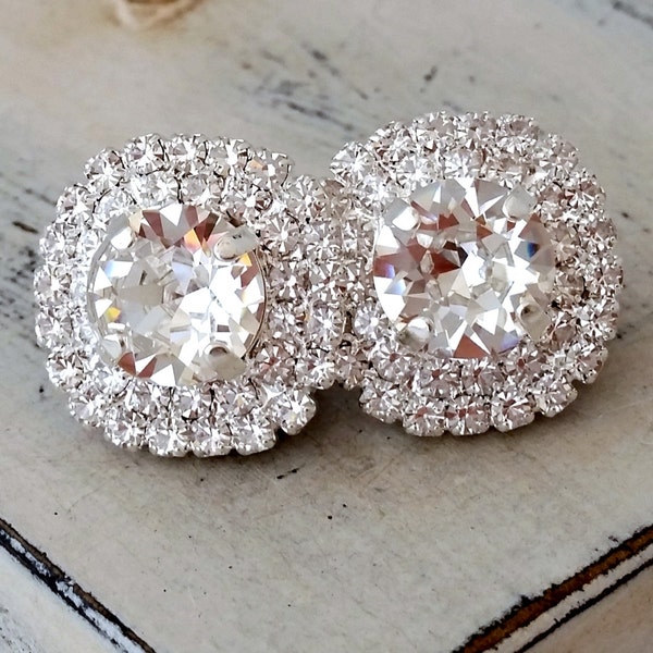 Clear crystal earrings,Silver bridal earrings,Large stud earrings,silver bridesmaid gift,silver wedding,Crystal earrings,halo,silver gold